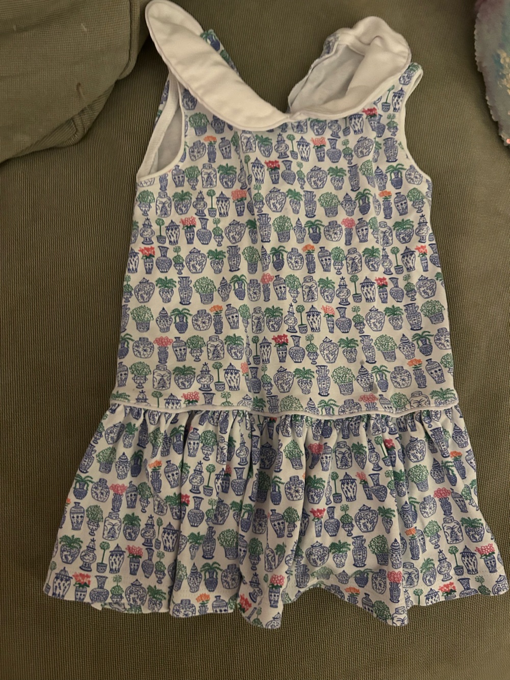 Joy Street Kids Girls White Printed Tank Dress with Blue & Green Vase Pattern